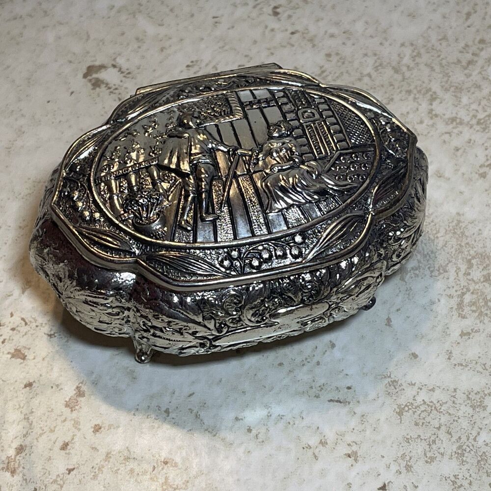 Vintage Silver Tone Japanese Jewelry Trinket Box
